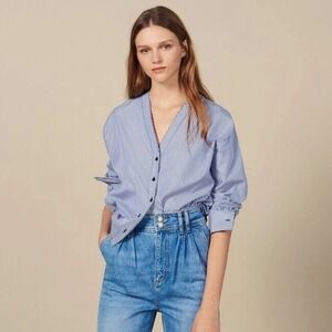 Sandro Paris Blue‎ White Striped V-Neck Button Down Shirt Blouse Size 1 Small